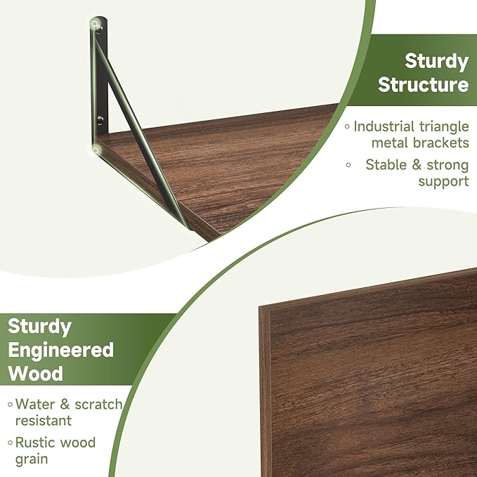 Heimlove 12 Inch Deep Floating Shelves for Wall, 16W x 12D Wide Floating Shelves Heavy Duty Wall Mounted Shelves, Wood Shelves for Living Room Bedroom Bathroom Kitchen- Set of 4