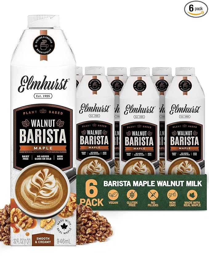 Elmhurst 1925 Maple Walnut Milk Barista Edition – 32 Ounce (Pack of 6) Plant-Based, Extra Creamy, Vegan, Dairy-Free, Non-GMO, Kosher, Sweetened with Real Maple Syrup for Flavorful Lattes & Iced Drinks