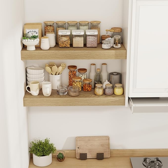 30 Inch Floating Shelves, 12" Deep Floating Shelf Wall Mounted, 30" Wall Shelves, Rustic Deep Bookshelf, Extra Deeper & Thicker Display Shelves for Bedroom, Living Room, Oak, Set of 2