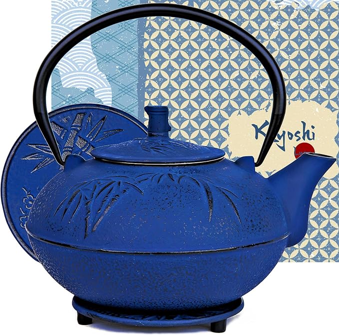 XXL Japanese Cast Iron Teapot with Infuser & Matching Trivet - Large 85 Oz/2500ml Tetsubin Loose Leaf Tea Pot with Enamel Interior - Handcrafted Big Cast Iron Tea Kettle Humidifier Set - Blue