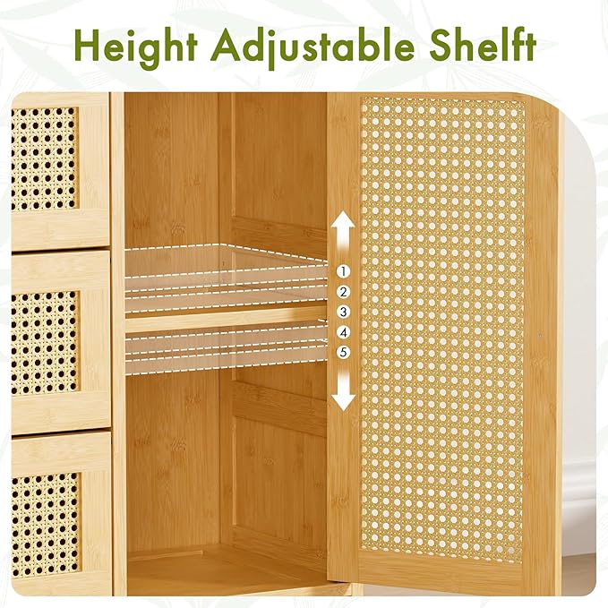 Amazer Sideboard Buffet Cabinet with Storage, Bamboo Storage Cabinets, Rattan Sideboard with Adjustable Shelf, Pantry Cupboard for Kitchen Living Room Entry Coffee Bar, Natural Color