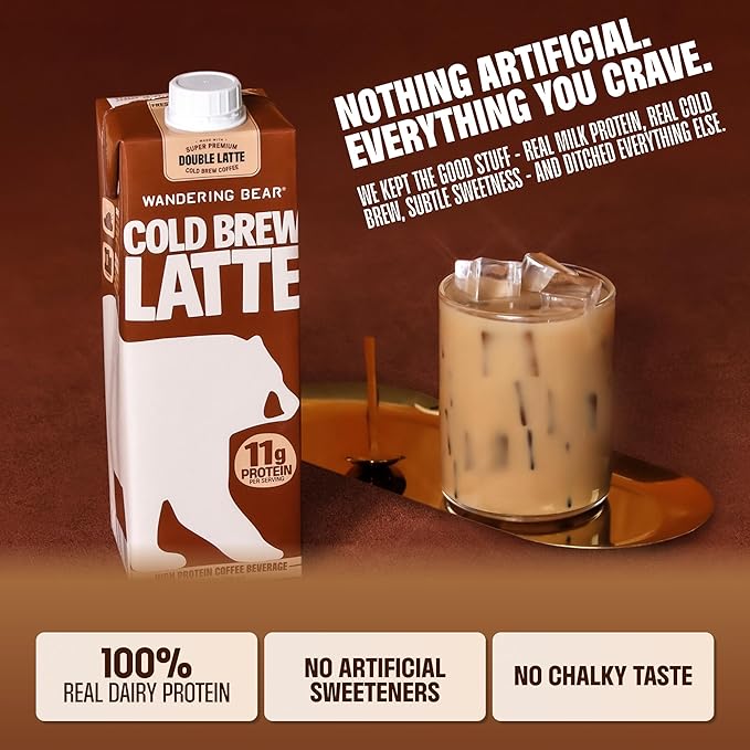 Wandering Bear Double Latte Organic Cold Brew Coffee — 32 fl oz, 3 pack - Creamy High-Protein Cold Brew Latte, 11 g Protein, Only 100 Calories, 5 g Sugar, Double Shot Strength (Shelf-Stable)