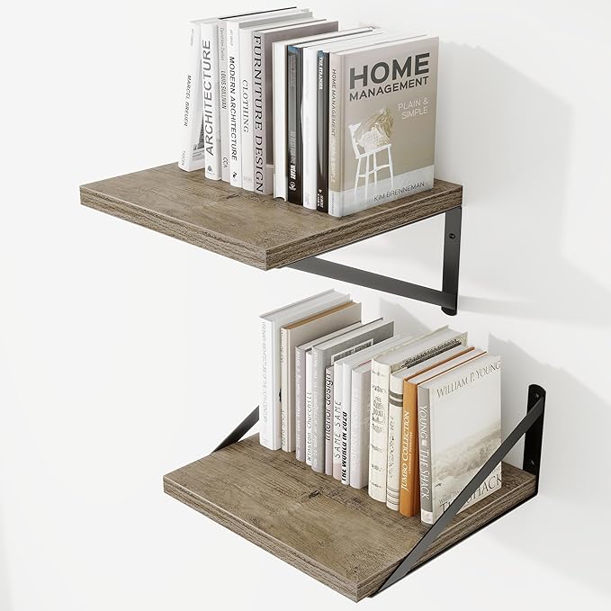 Deep Wall Shelves 12"W x 12"D Engineered Wood Floating Shelves for Wall, Sturdy Metal Bracket Bookshelves Home Decor Storage for Living Room Bedroom Bathroom Kitchen, Set of 2, Grey Finish