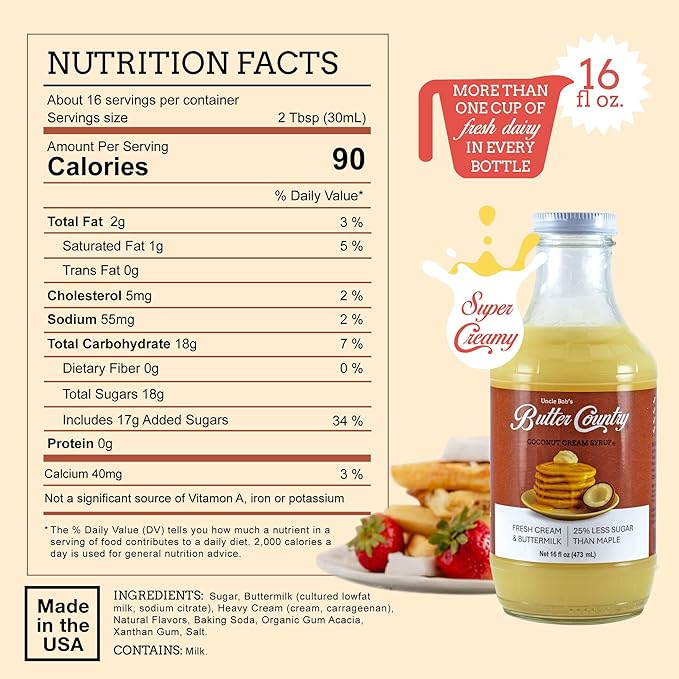 Uncle Bob's Butter Country Rich & Creamy Coconut Syrup for Pancakes and Waffles, Less Sugar, No Corn Syrup, Gluten Free, Made without Artificial Flavors, 16 fl oz Bottle/2 Pack