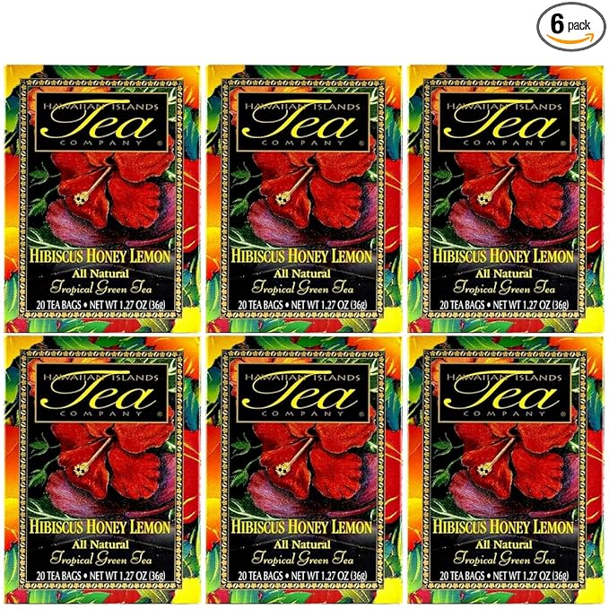 Hawaiian Islands Tea Company Hibiscus Honey Lemon Tropical Green Tea, All Natural - 120 Teabags (6 Boxes)