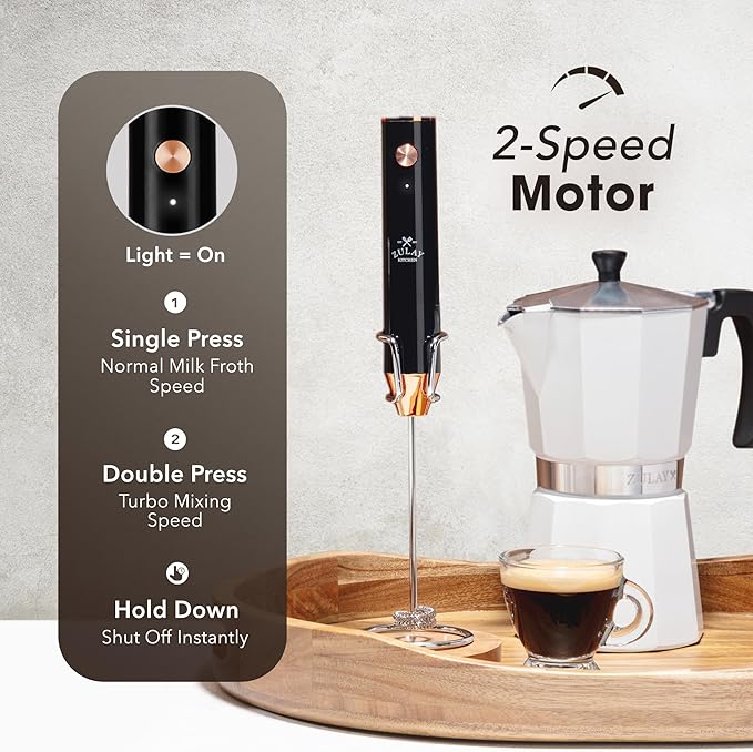 Zulay Kitchen Lux Electric Milk Frother Rechargeable Handheld - 4 Whisks, Powerful 2-Speed Motor, Waterproof, 2000mAh Battery - Drink Mixer for Latte, Cappuccino, Matcha & Protein Powder - Dark Copper