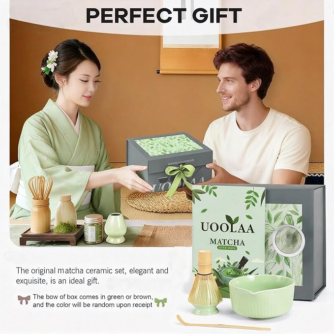 Ceremony Matcha Kit with Bamboo Scoop, Whisk, Holder, Sifter, Chawan Ceramic Bowl with Spout, 5 Pcs Green Japanese Matcha Whisk Set - High End Matcha Tea Set Gift for Matcha Lovers and Starters