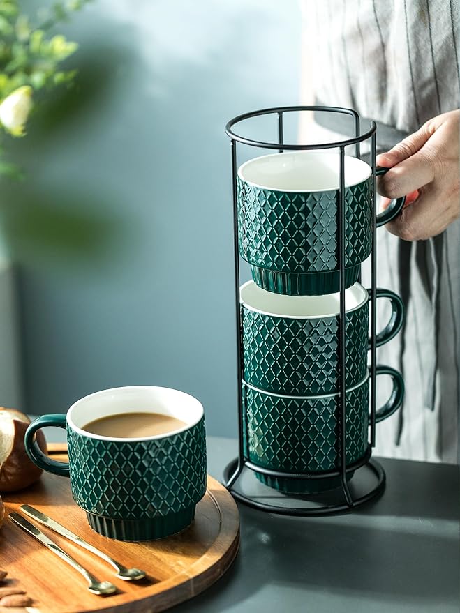LYEOBOH Coffee Mug Set Porcelain Stackable Coffee Mugs with Stand and Spoons, 13 OZ. Cappuccino Cup Demitasse Cups for Drinks, Espresso, Latte,Set of 4, Dark Green