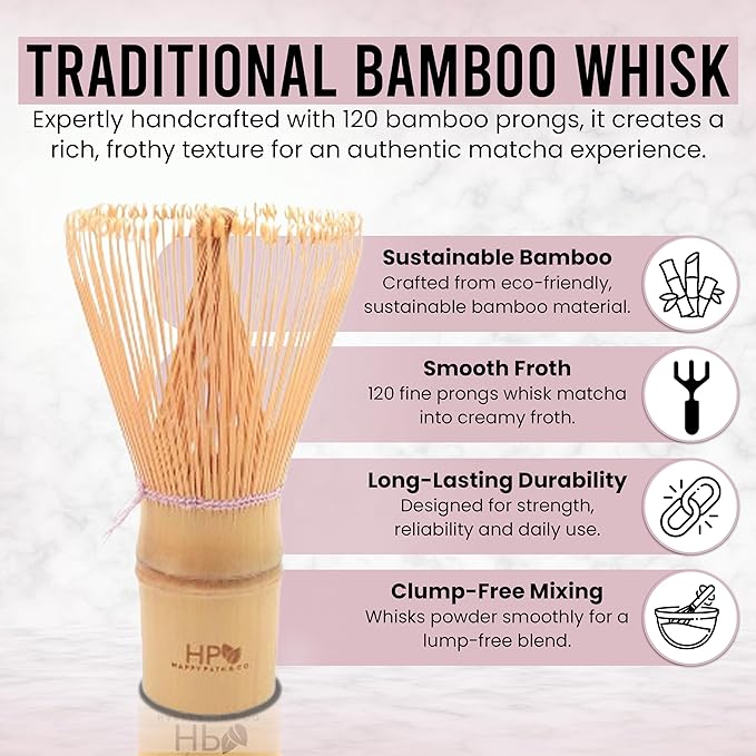 HAPPY PATH & CO Matcha Whisk Set | 6 Pcs Matcha Tea Set Includes Bamboo Whisk(Chasen) with Holder & Bowl with Spout, Sifter, Scoop & Stand - Perfect Matcha Kit Set for Matcha Lovers (Lilac Pup)