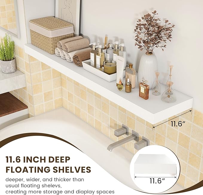 12 Inch Deep Floating Shelves | 55 Inch White Floating Shelves | 55" W x 12" D Rustic Wood Shelves for Wall | Deep White Shelves for Living Room Bathroom Laundry Room Kitchen