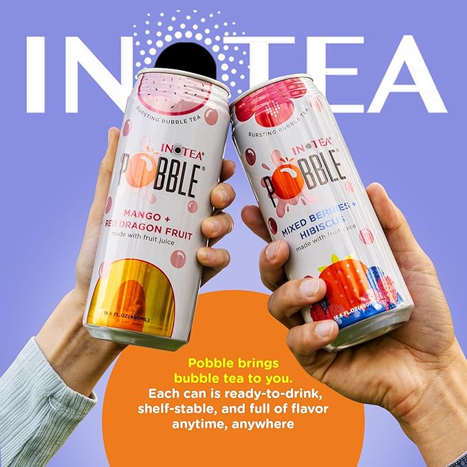 Inotea Pobble Bursting Bubble Tea - Refreshing Taiwanese Canned Boba with Popping Pearls - Ready-to-Drink Boba Tea - Enjoy Real Boba Without the Long Lines - Mixed Berries + Hibiscus - 12 pack