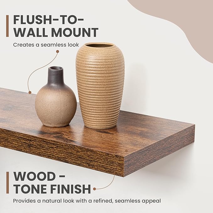 72 Inch Floating Shelves, 8 Inch Deep Floating Shelves for Wall, Hanging Shelf with Invisible Brackets, Deep Shelves for Bathroom, Bedroom, Living Room, Brown, Set of 1
