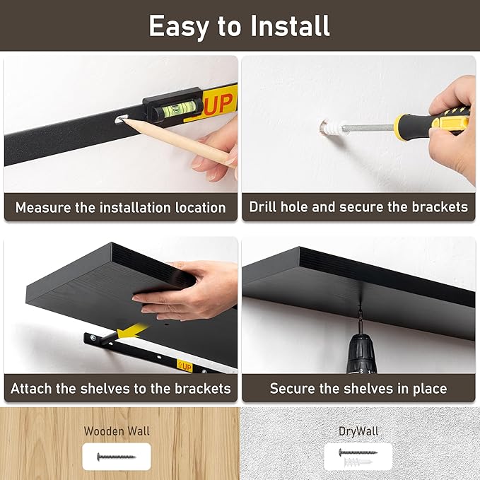 Fun Memories Black Floating Shelves for Wall, 32W x 8D Floating Wall Shelves with Invisible Brackets Set of 2, Hanging Rustic Wood Shelf Decoration for Bedroom, Bathroom, Living Room and Kitchen