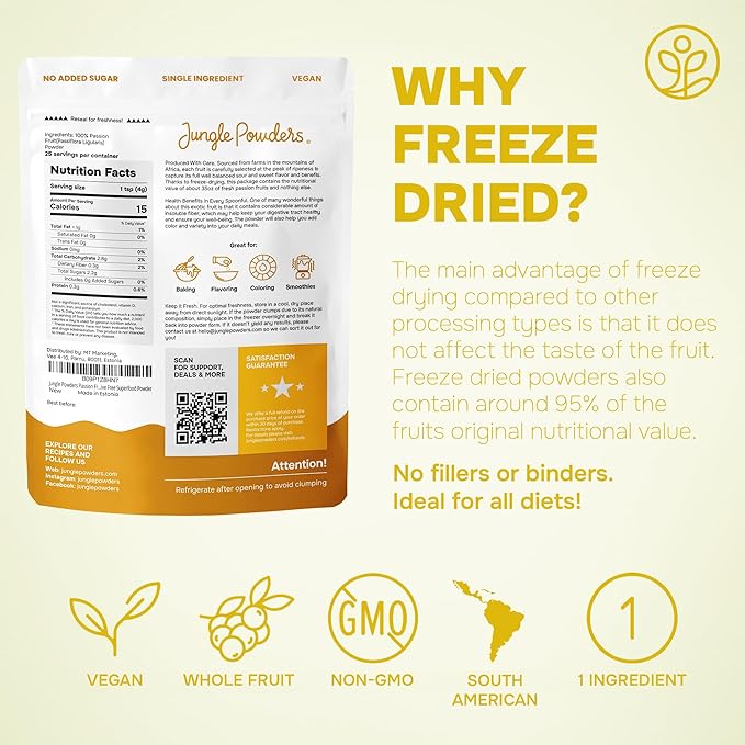 Jungle Powders Passion Fruit Powder 3.5 Ounce, Freeze Dried Passion Fruit Puree Powder for Baking Smoothies Lilikoi Granadilla Additive Free Passionfruit Purée Extract Passion Fruit Juice Supplement