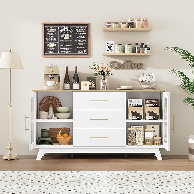 CABIHOME Buffet Cabinet, 56" Sideboard Buffet Storage Cabinet with Adjustable Shelves and Fluted Glass Door, Modern Coffee Bar, Table for Kitchen, Dining Room, Natural