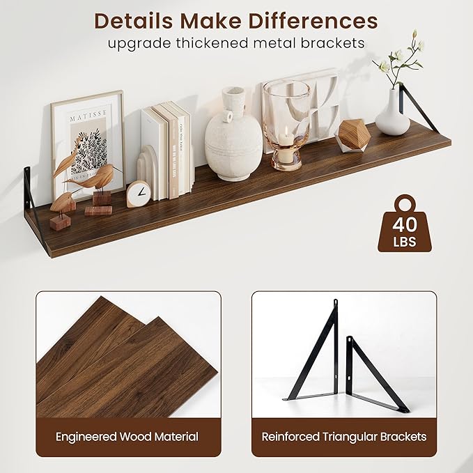 Axeman Deep Floating Shelves for Wall - 55 Inch Wide x 10 Inch Deep Walnut Floating Shelves Set of 2 - Wide Wall Shelves for Living Room Bathroom Bedroom