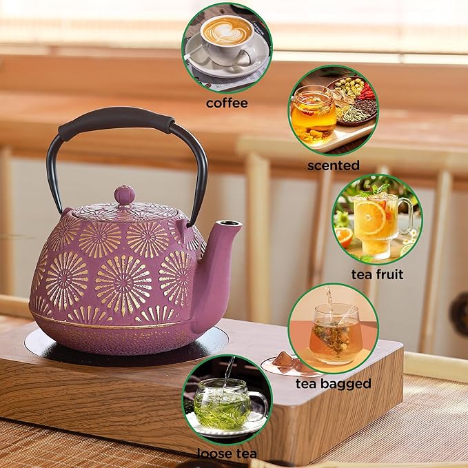 Cast Iron Teapot, 40oz Tea Kettle with Infuser for Stove Top, Sakura Design Japanese Tea Pot for Loose Leaf Coated with Enameled Interior, Silicone Handle 1200ml Pink