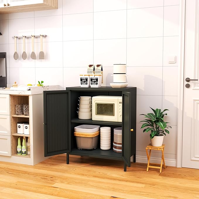 Small 2 Transparent Door Metal Storage Side Buffet Cabinet for Bed Room,Living Room,Entryway,Hallway,Home,Hotel,Office,Garage,Kitchen,1 Removable Shelf. (Striped Door, Black)