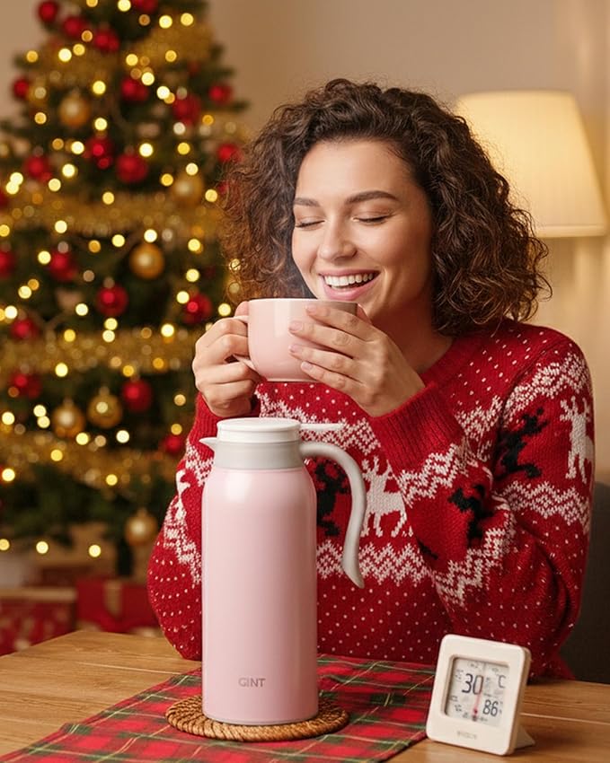GiNT 51 Oz Stainless Steel Thermal Coffee Carafe, Double Walled Vacuum Insulated Flask, 12 Hour Heat Retention, 1.5 Liter Tea, Water, and Coffee Dispenser (Upgraded version Pink)