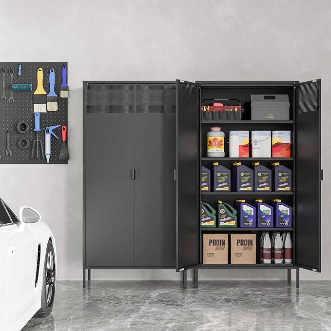 Black Metal Storage Cabinet with Doors and 4 Adjustable Shelves,Metal Locker Storage Cabinet, Metal Tool Cabinet, 71" Steel File Cabinet for Office, Home, Garage, School