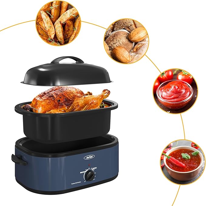 Sunvivi 18-Quart Roaster Oven with Self-Basting Lid, Electric Turkey Roaster Oven with Removable Pan and Rack, Stainless Steel, Blue