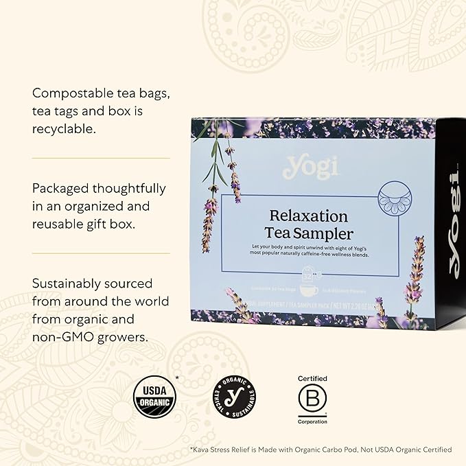 Yogi Relaxation Sampler Box (32 Tea Bags) - 8 Favorite Herbal Teas - Organic & Caffeine Free