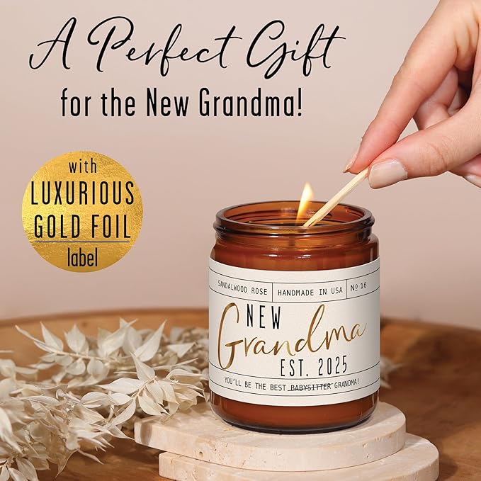 New Grandma Gifts First Time - 'New Grandma 2025' Candle, w/Sandalwood Rose I First Time Grandma Gifts I Promoted to Grandma Announcement I Grandma to Be I New Grandmother Gift I 50hr Burn, USA Made
