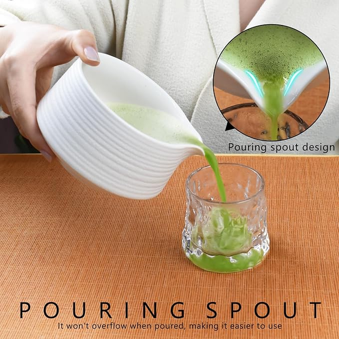 Artcome Matcha Tool Set - Complete Kit with Matcha Bowl with Spout, Bamboo Whisk, Tea Scoop & Whisk Holder, Porcelain White