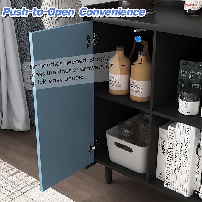 35" Small Sideboard Storage Cabinet with Storage, Storage Cabinet with Adjustable Shelf, 2 Drawers, 1 Blue Door, Modern Coffee Bar Cabinet for Dining Room, Living Room