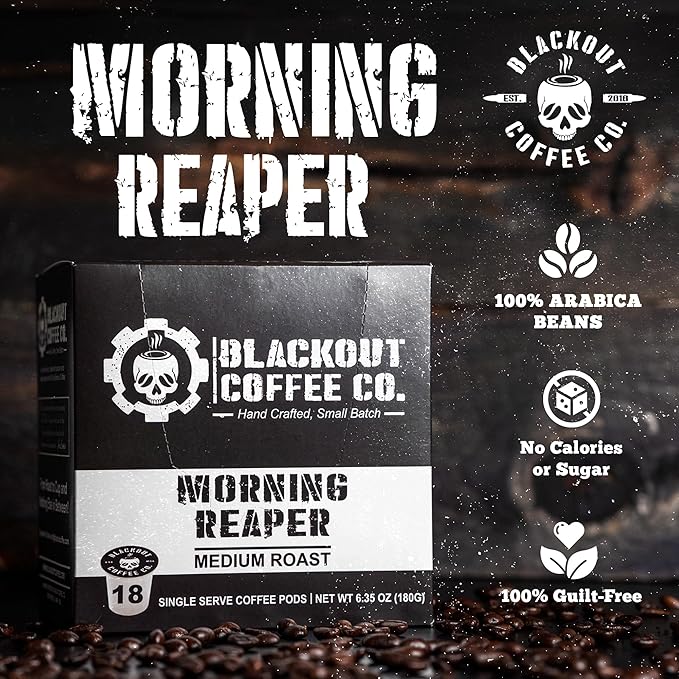 Blackout Coffee Morning Reaper Coffee pods – Medium Roast Coffee Pods, Bold & Smooth Flavor, Aromatic – 18 Count.