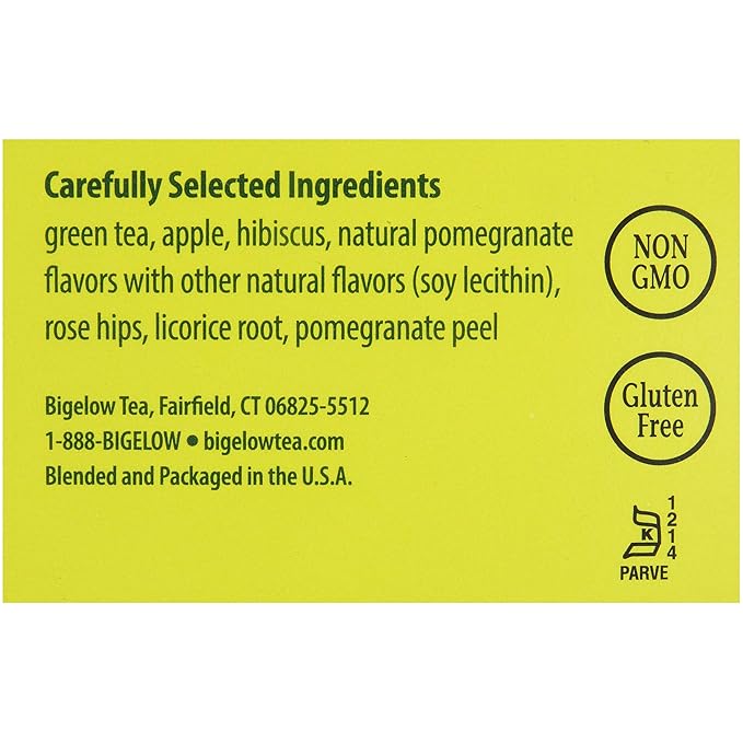 Bigelow Tea Green Tea with Pomegranate 28-Count Box (Pack of 1) Premium Green Tea with Pomegranate Rosehips Hibiscus Antioxidant-Rich All Natural Medium-Caffeine Tea in Foil-Wrapped Bags