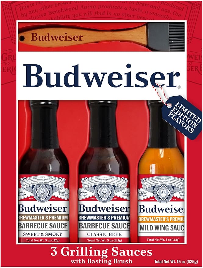 Budweiser BBQ Sauce Variety Pack - Grilling Sauce Gift Set with Basting Brush Perfect for Barbeques and Marinades - 3 x 6 oz