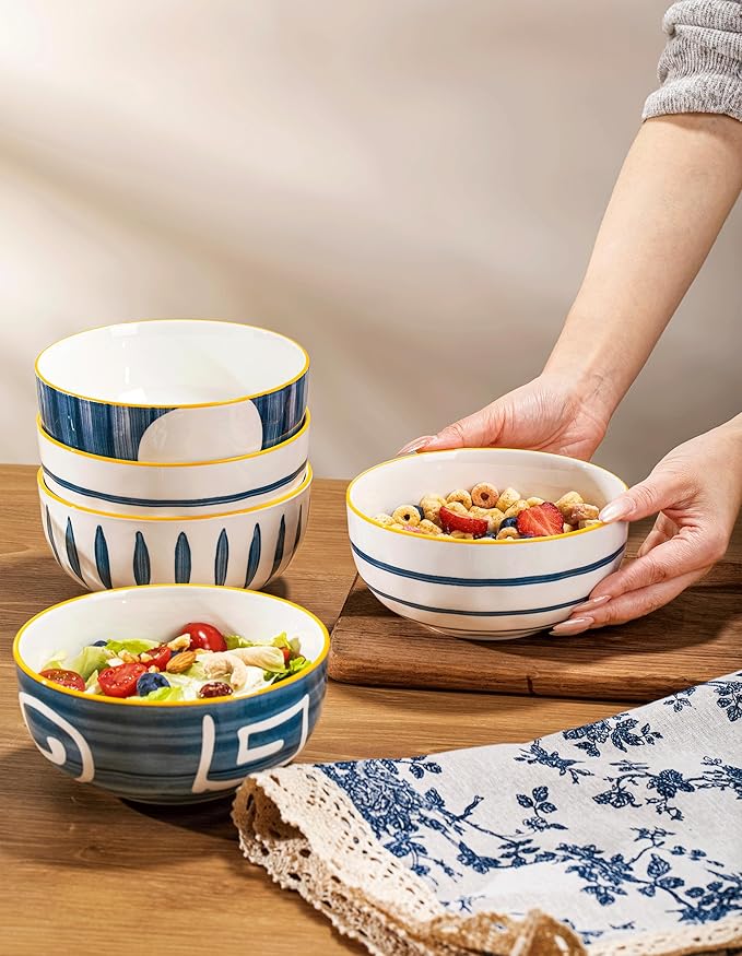 Yeacccng Cereal Bowls Set of 4, 27 Oz Ceramic Soup Bowls, 6 Inch Japanese Ramen Bowl, Decorative Serving Bowls for Kitchen Decor, Scratch-Resistant, Lead-Free, Dishwasher & Microwave Safe, Easy Clean