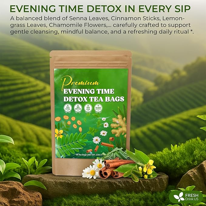FreshDrinkUS, Evening Time Herbal Tea – 30 Tea Bags – Caffeine-Free Blend with Senna, Peppermint, Chamomile, Licorice, Ginger, Reishi Mushroom – Relaxing Herbal Infusion – Non-GMO & Natural