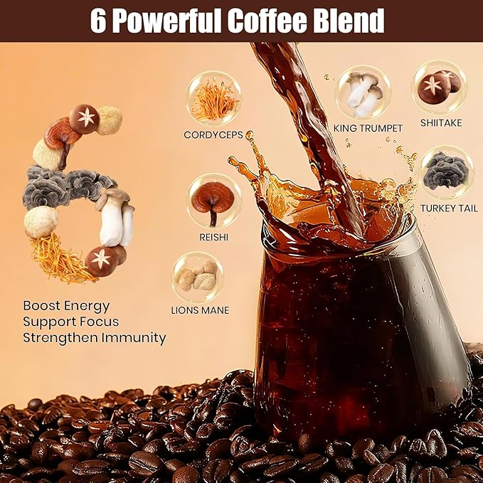 Mushroom Coffee 2000mg, Organic Instant Coffee with 6 Adaptogenic Mushrooms (Lion’s Mane & Turkey Tail), with MCT Oil & Coconut, for Focus, Energy, Digestion & Immune Support, 30 Servings