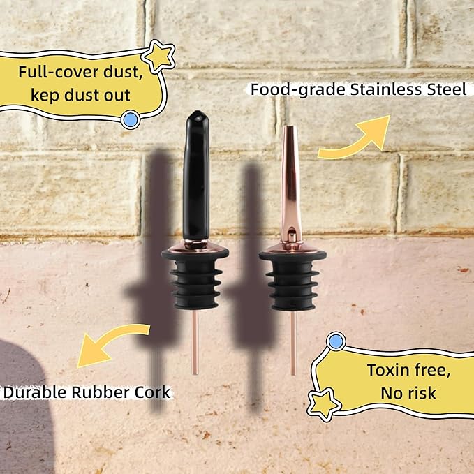 Stainless Steel Copper Liquor Pour Spouts Set - Tapered Speed Pours Nozzles with Rubber Dust Caps | Pourers For Alcohol, Olive Oil & Liquor Bottles | Bartender Accessories for Bar & Home Use