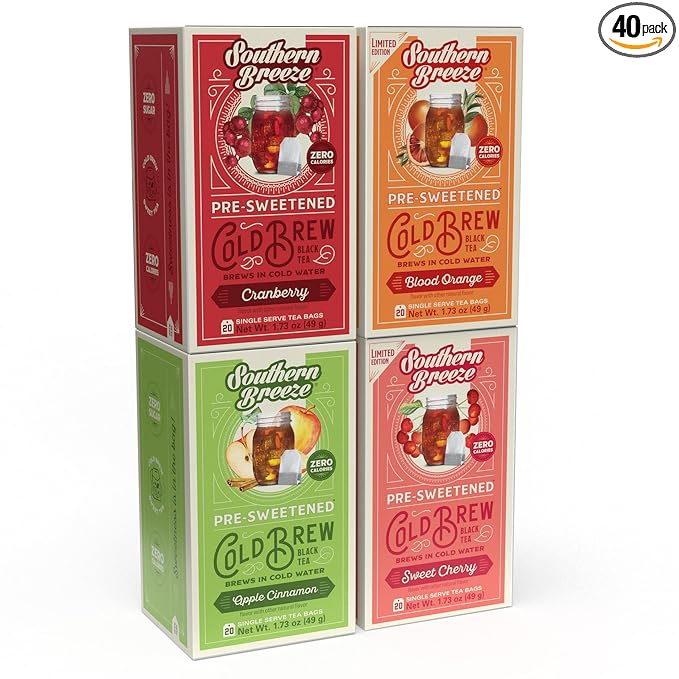 Southern Breeze Cold Brew Sweet Tea Variety Pack Iced Tea with Black Tea and Zero Carbs Zero Sugar, 20 Individually Wrapped Tea Bags, Pack of 4, Sweet Cherry, Blood Orange, Cranberry & Apple Cinnamon
