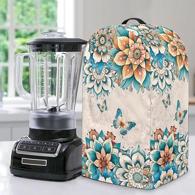Floral Butterflies Blender Dust Cover Kitchen Appliance Oil-Proof Food Processor Protective Cover with Top Handle Keep Your Kitchen Clean Colorful Decor