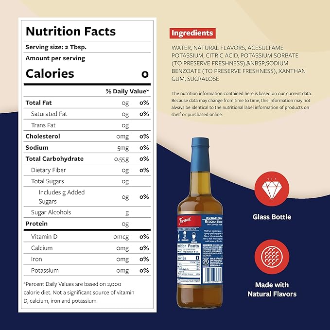 Torani Sugar Free Coffee Syrup, Belgian Cookie Flavoring for Drinks, Zero Calorie, Glass Bottle with Pump Included, 25.4 Fl Oz