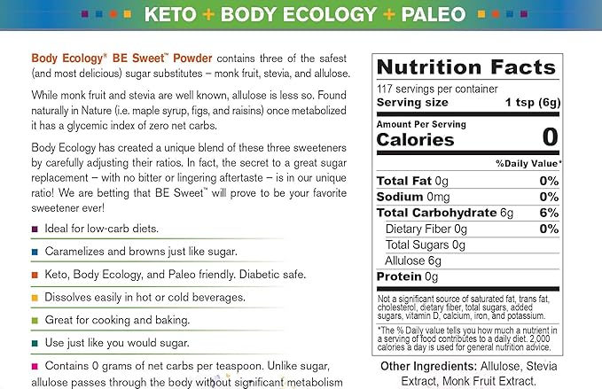 Body Ecology BE Sweet Powder Sugar Substitute | All-Natural Sweetener | Zero Calorie Stevia Powder | Zero Glycemic | Reusable 24.7 OZ