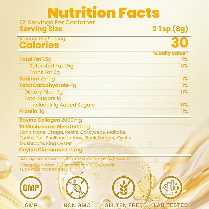 Collagen Creamer, Coconut Creamer for Coffee, 10 Mushrooms Supplement, Bovine Collagen and Ceylon Cinnamon Powder | Supports Hair, Skin & Nails, Digestive Health & Energy | 6.35 Oz
