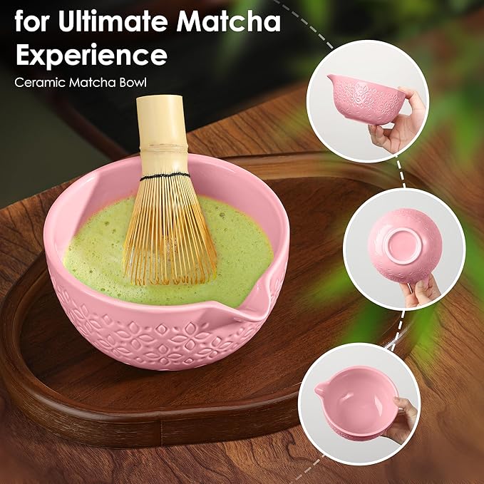 Matcha Whisk Set Matcha Kit - 7 Pcs Japanese Tea Set Includes Matcha Bowl with Spout,Bamboo Whisk with Ceramic Holder,Bamboo Scoop and Rest,Sifter,Tea Towel, for Ceremony Matcha Lovers Gift,Pink