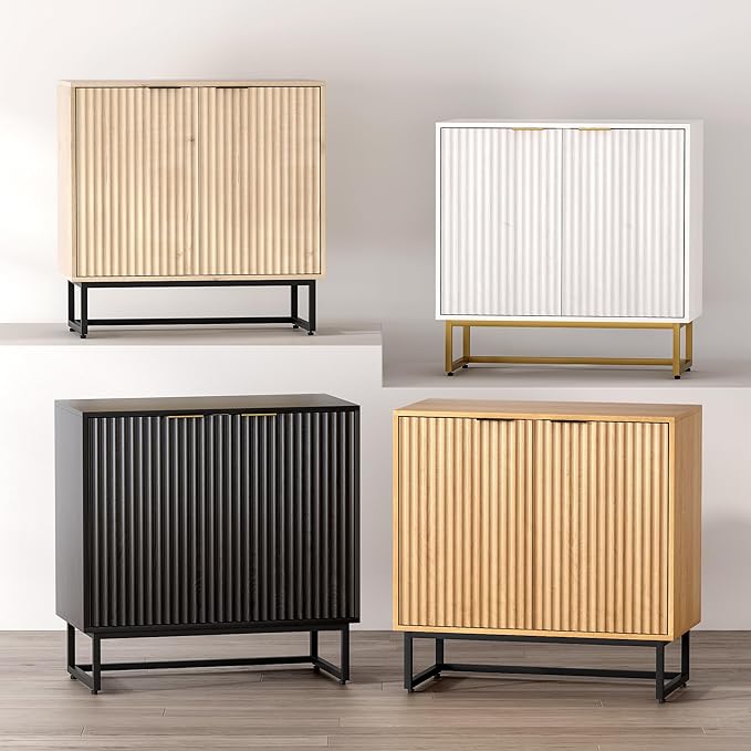 Fluted Storage Cabinet Sideboard Buffet Cabinet, Modern Accent Cabinets with Adjustable Shelves, Wooden Credenza, Console Table Entryway Cabinets for Living Dining Room, Natural Oak