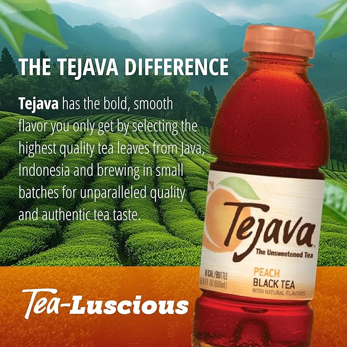 Tejava Peach Black Tea, 6 Pack 16.9 oz PET, Unsweetened, Ready-to-Drink Premium Iced Tea
