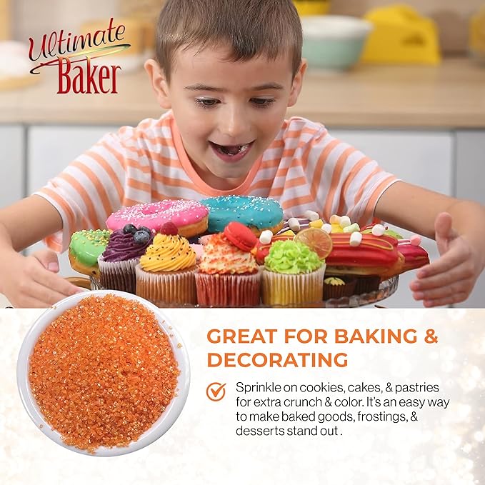 Ultimate Baker - Sanding Sugar, Orange - Vibrant, Naturally Colored Baking & Decorating Sugar, Perfect for Sprinkling on Cakes, Desserts & Confections, Medium Crystal - 8oz