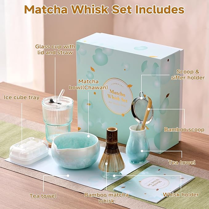 Matcha Whisk Set – Crystalline Glaze Bowl, Bamboo Whisk & Holder, Scoop & Sifter with Holder, Cup with Lid & Straw, Ice Cube Tray & Tea Towel – Blue Matcha Gift Set for Women, Christmas Gifts