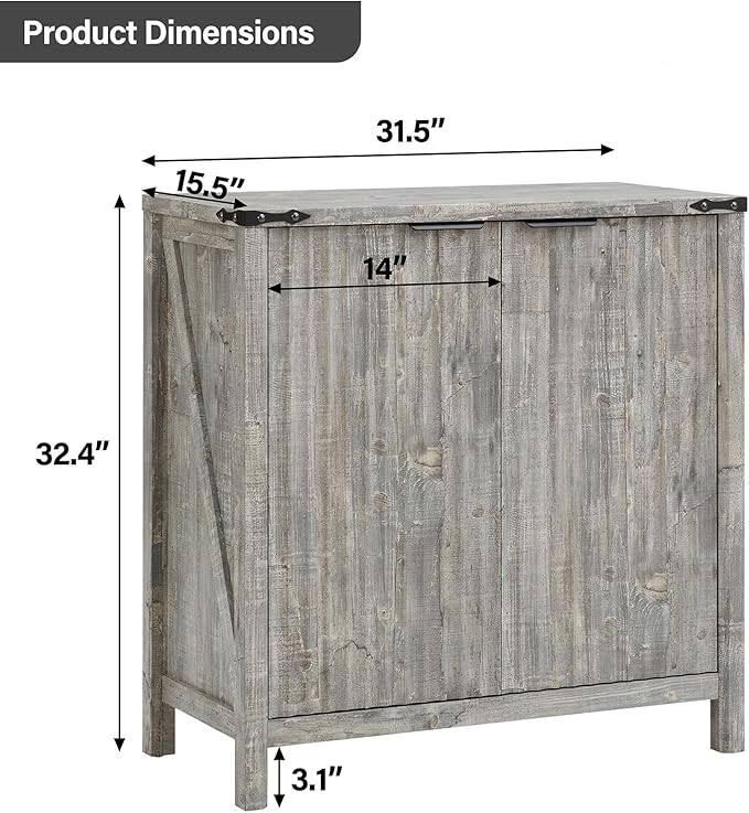 32-inch Fluted Sideboard Cabinet - Rustic Modern Farmhouse Storage Organizer with Adjustable Shelves, Coffee Bar, Entryway Furniture for Kitchen, Living Room (Grey)