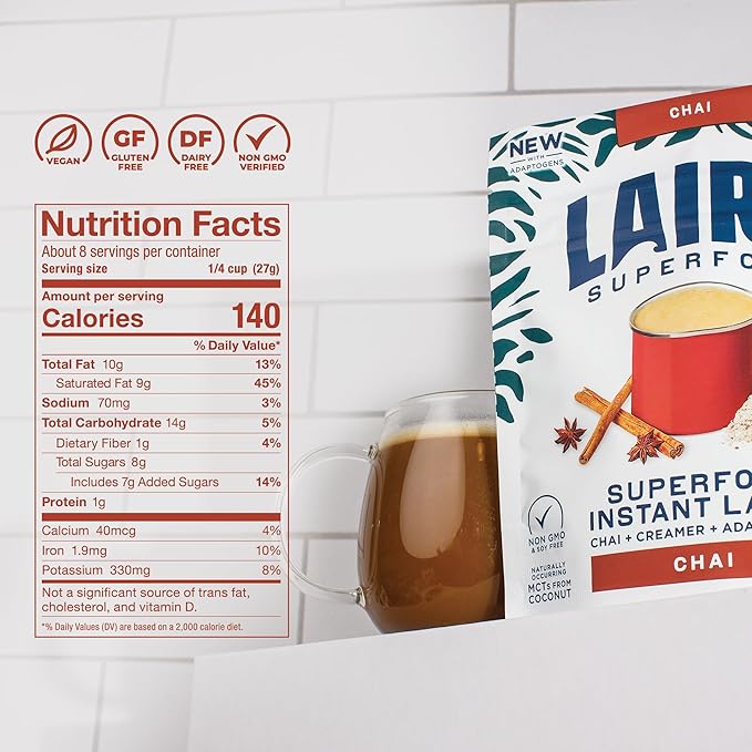 Laird Superfood Chai Instant Latte with Adaptogens - Instant Chai Tea Powder with Superfood Coconut Creamer - Gluten Free, Non-GMO, Vegan, 8 oz. Bag, Pack of 1