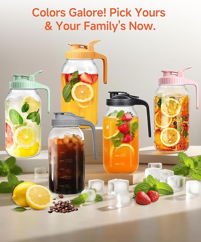 2 Quart Wide Mouth Glass Pitcher with Lid, 64oz Mason Jar Pitcher, Leak-proof Iced Tea Pitcher,Heavy Duty Container for Fridge Sweet Tea,Juice,Cold Brew Coffee,Breastmilk Storage Drinks-1PACK/Gray