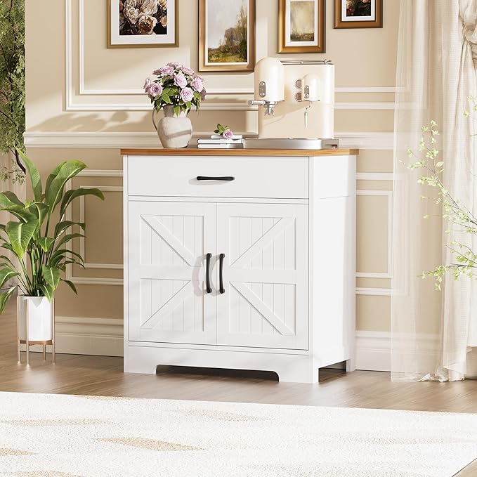 Onelike Modern Sideboard Buffet Cabinet with Storage, Farmhouse Kitchen Cabinet Buffet Table with Doors and Drawers, for Dining Room, White, 30"